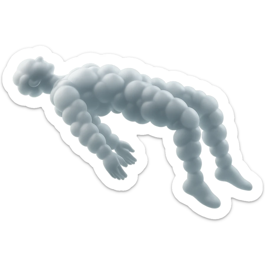 side view of unconscious person flying with torso upwards, legs and arms downwards, made of small very bright white fluffy convex clouds, matte glass style sticker