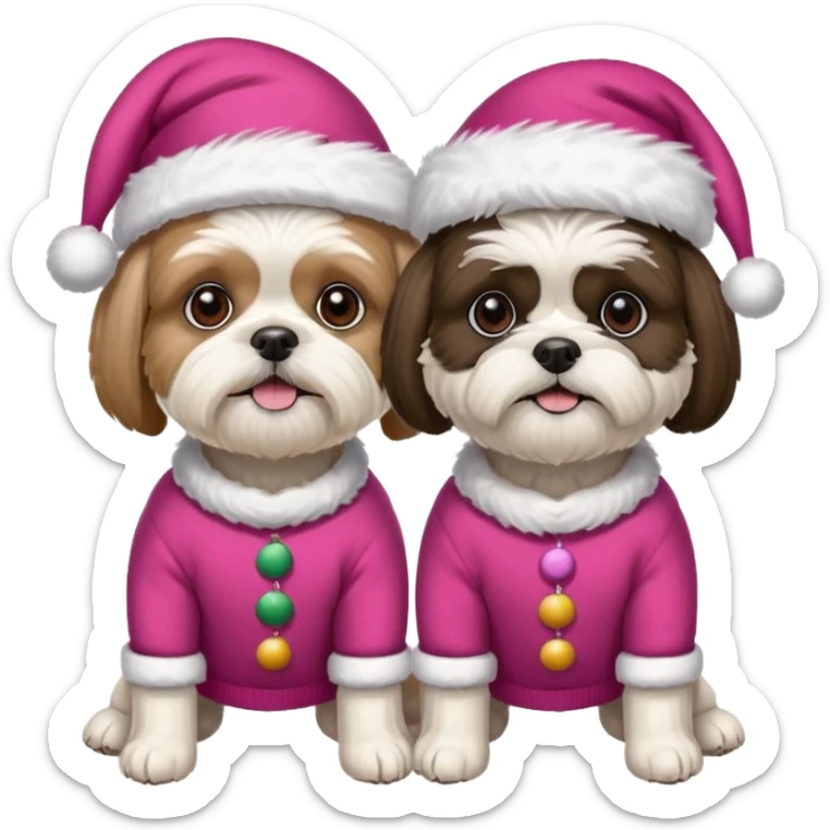 two dogs one little white all over shih tzu dog with pink santa hat and one bigger mostly white with black havanese dog wearing red christmas sweater and red christmas hat sticker