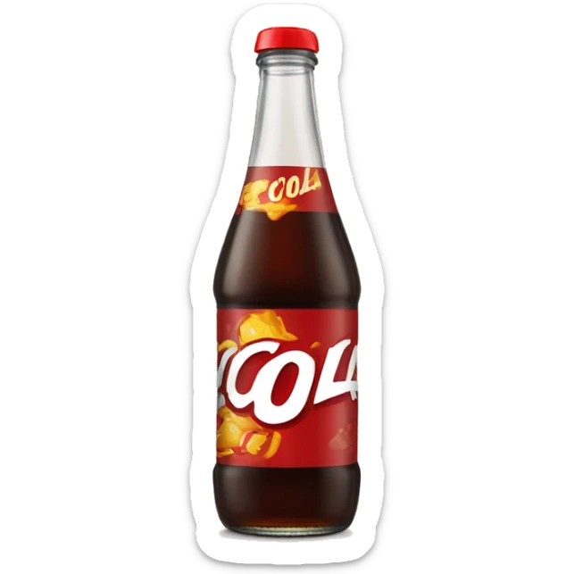 glass bottle with brown soda and red lid with the word "cola" on the label sticker