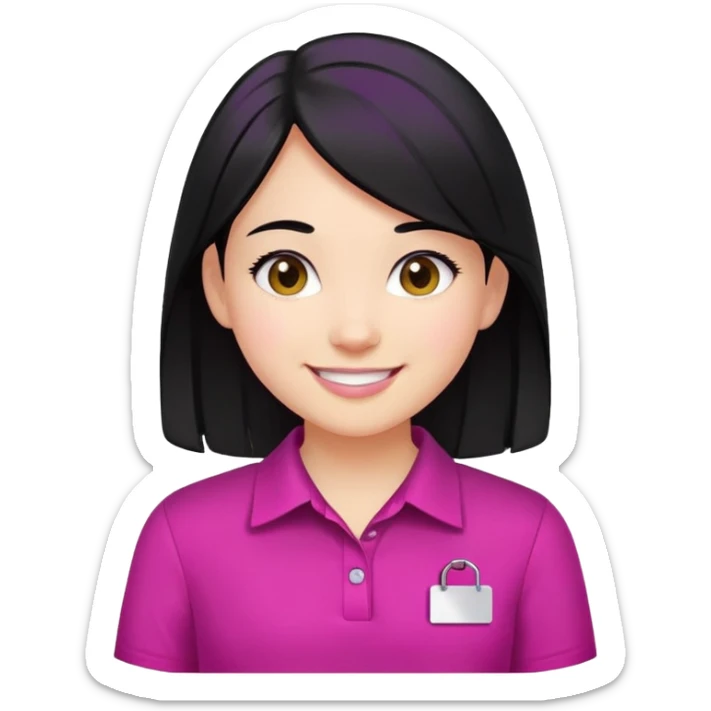girl  with black hair wearing a magenta shirt with white name tag smiling sticker