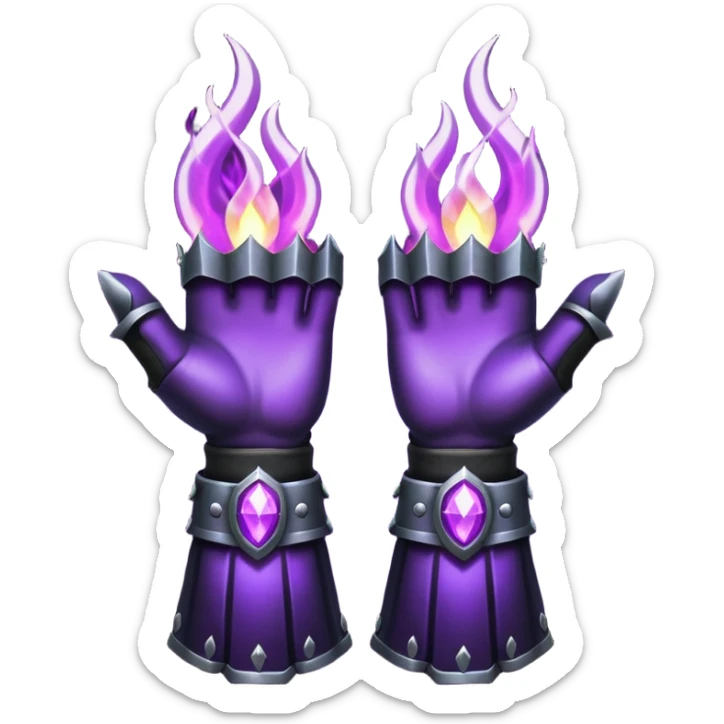A Discord emoji of a pair of black armored gauntlets holding a flickering violet flame. The hands are positioned as if offering a gift. Dark gothic fantasy, glowing magical effects, high contrast, 2D vector style, white background. sticker