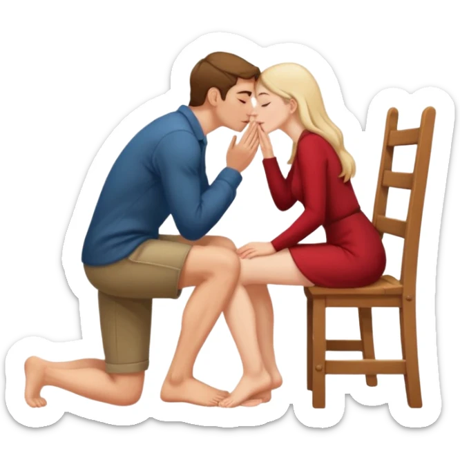 Uomo inginocchiato che bacia i piedi alla padrona seduta sulla sedia sticker