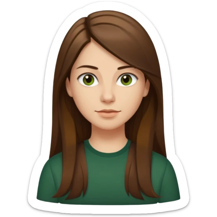 30 yr Caucasian woman long brown straight hair parted on side dark green shirt sticker