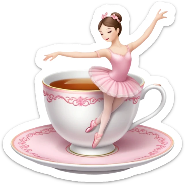 Elegant china tea cup with saucer wearing pink ballet slippers and performing an arabesque sticker
