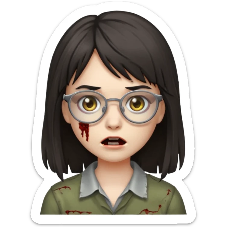  iPhone emoji is a zombie girl with dark hair long below her shoulders bangs and a ragged haircut gray eyes glasses  sticker