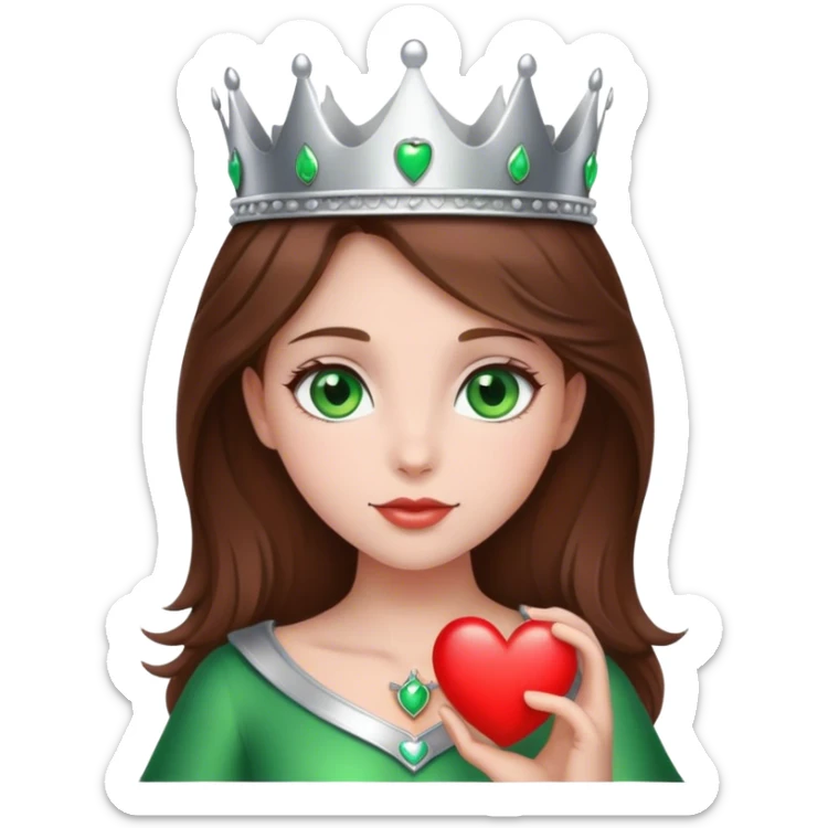 Girl with brown hair, green eyes, silver crown and red heart sticker