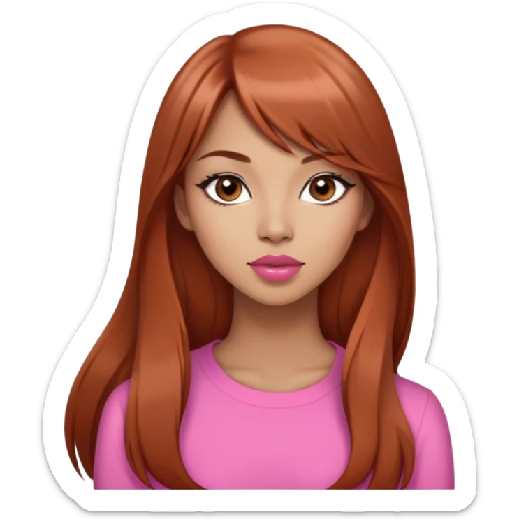 gorgeous woman, light tan skin, very long auburn hair, side bangs, black eyes, peachy pink lipstick, model, latina, asian, mixed sticker