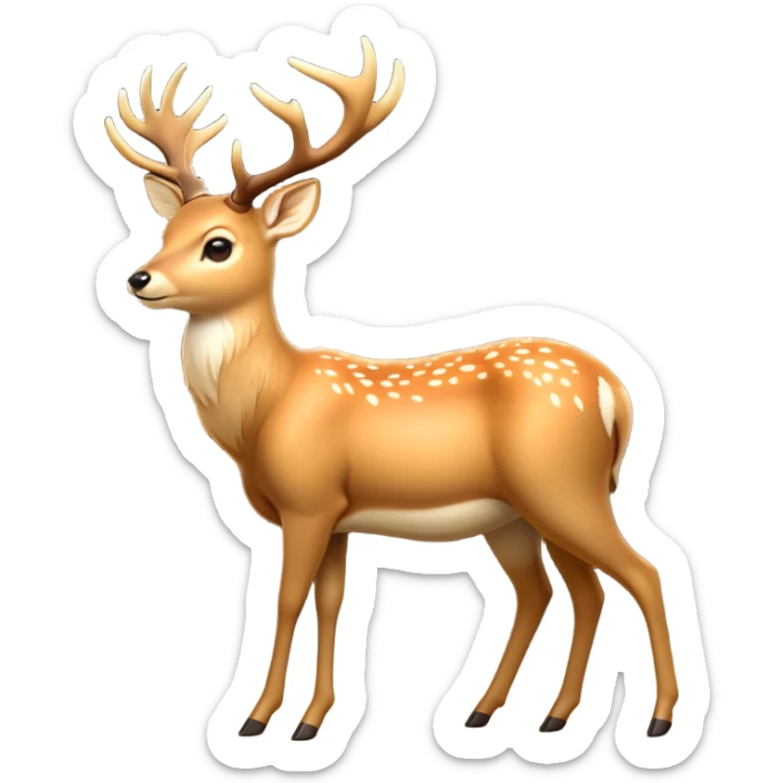 cinematic-[deer]-realistic-full-body-standing on all fours-emoji,-tail-tucked-close,-head-tilted-dramatically,-sleek-[fawn]-fur,-simplified-yet-realistic-focused-features,-highly-detailed,-glowing-with-an-almost-sarcastic-glow big antlers sticker