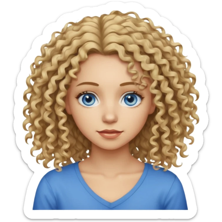 This is a 2D digital anime-style portrait of a female, caucasian, 29 years old light skin. The person has messy dirty blond curly hair shoulder long, round blue eyes.  sticker