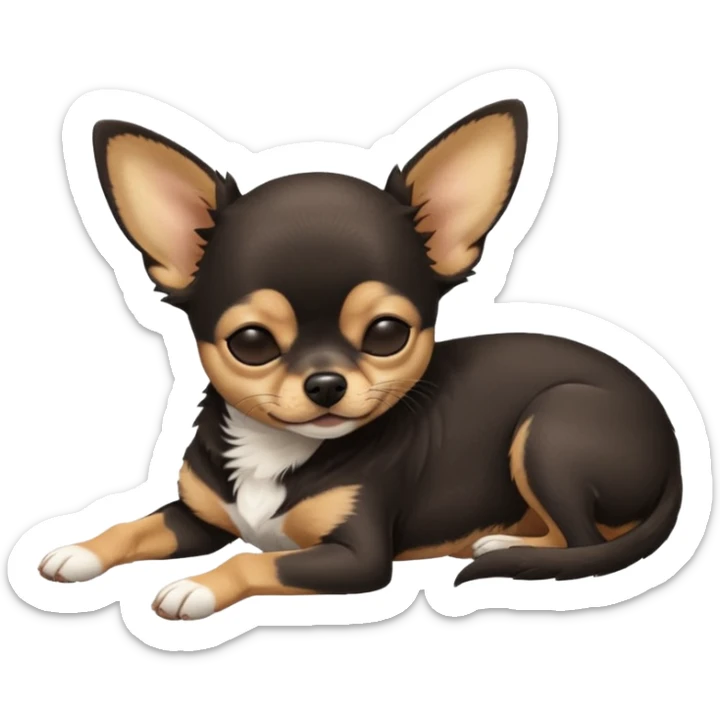 A high-resolution photo-realistic digital illustration of a  black tan chihuahua with eyes closed shut sleeping lazily on the ground sticker