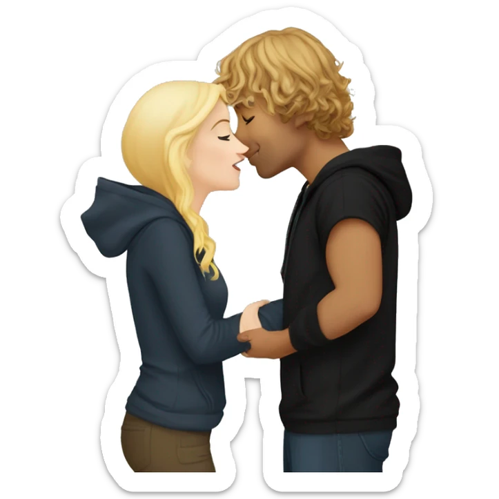 Pippin-hobbit wearing hoodie passionately kissing pretty blonde woman with black top sticker