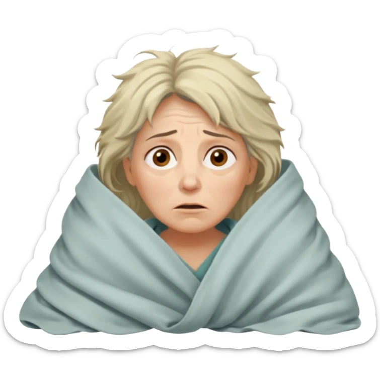 A 55-year-old woman lying in bed at night, unable to sleep. She looks exhausted and desperate, with visible dark circles under her eyes, tired facial expression, slightly messy hair. She is under the blankets, staring at the ceiling.  sticker