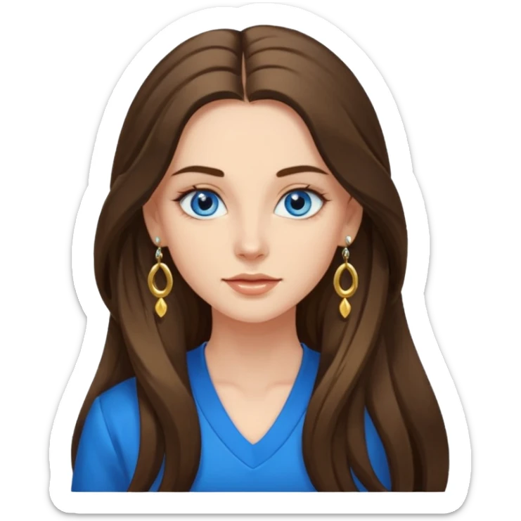 
Create an emoji of a brunette with blue eyes. She should have long hair, stylish clothing, and a friendly facial expression. Add some accessories like earrings or glasses to make the look more interesting. sticker