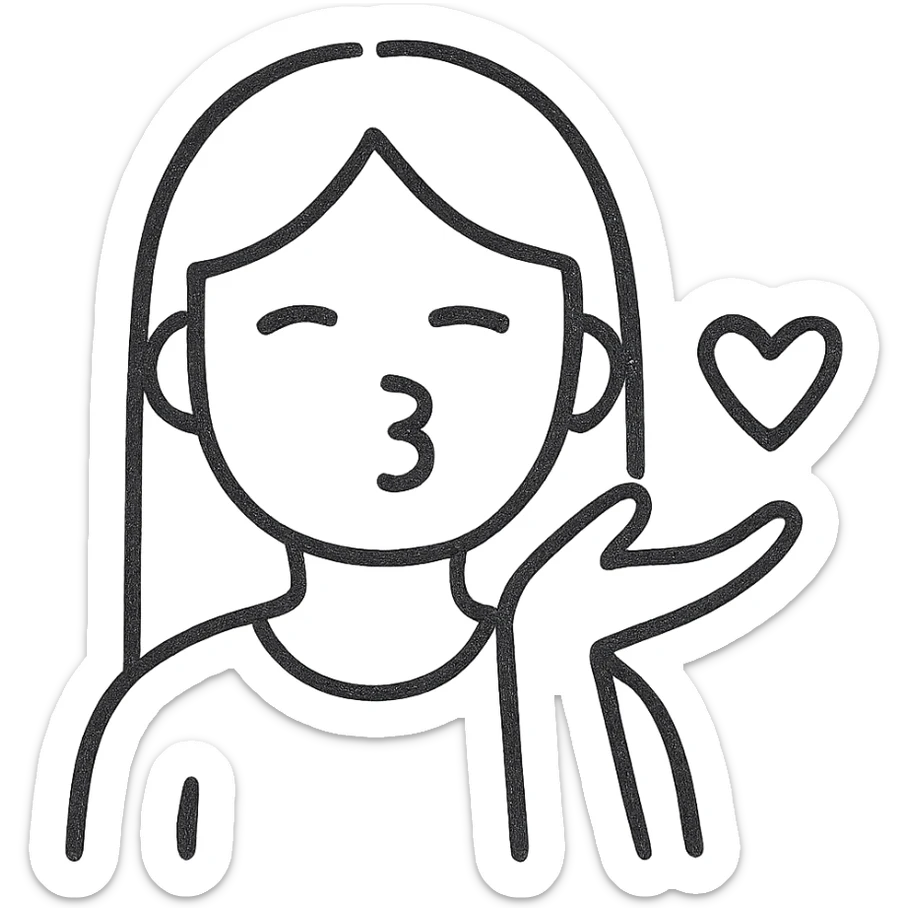 Make this icon of a blonde girl with straight hair blowing a kiss to the screen even more minimalistic, with fewer lines and simplified features, no background. sticker