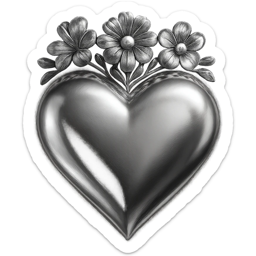 an orange heart with a crown of colorful flowers, chrome style, shiny and metallic sticker