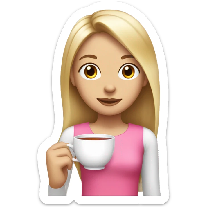 a blonde long straight hair girl with brown eyes has a pink bow on head and drink a cup of tea sticker