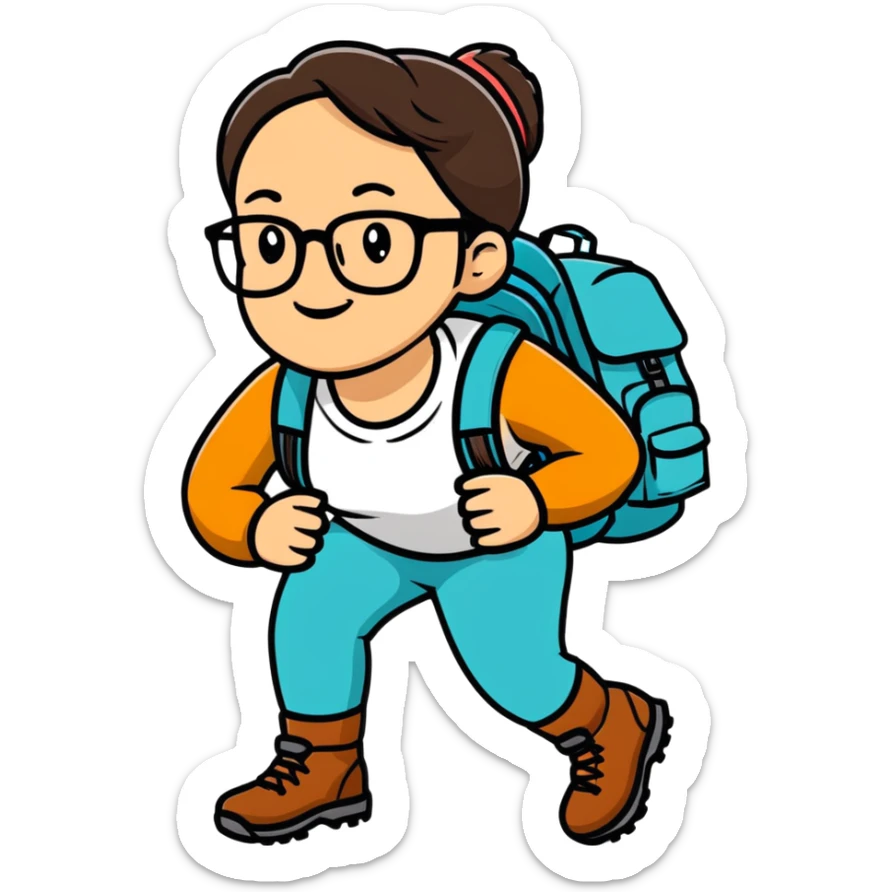 Woman in her late 30s with glasses wearing sporty outfit, hiking boots, and backpack looking happy and curious sticker