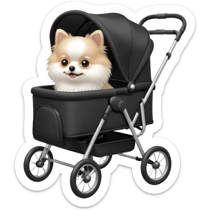 A white Pomeranian dog sits in a black baby stroller. A wheelchair with a folded roof. The image quality is ultra realistic. sticker