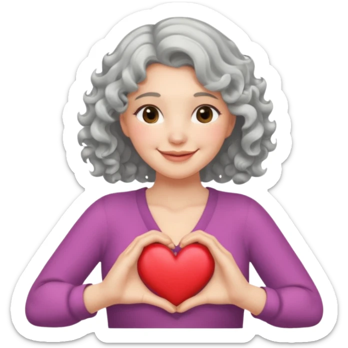 Silver hair, wavy/curly hair chin-length lady giving hug with 2 arms,  v-neck and smiling, add a heart sticker
