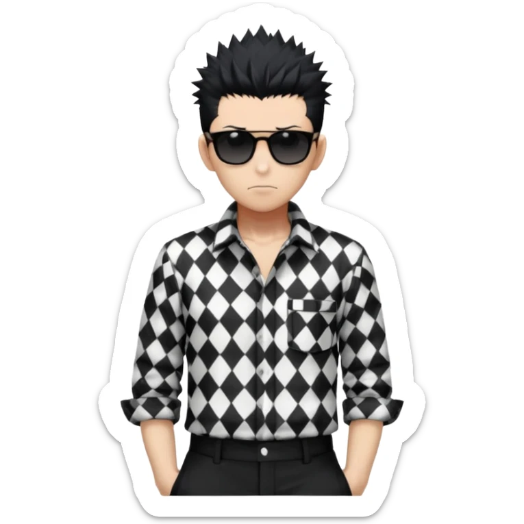 Satoru Gojo from Jujutsu Kaisen with spiky black hair, wearing black and white checkered shirt with rolled-up sleeves, black pants, confident expression, sunglasses on top of head, one hand in pocket sticker