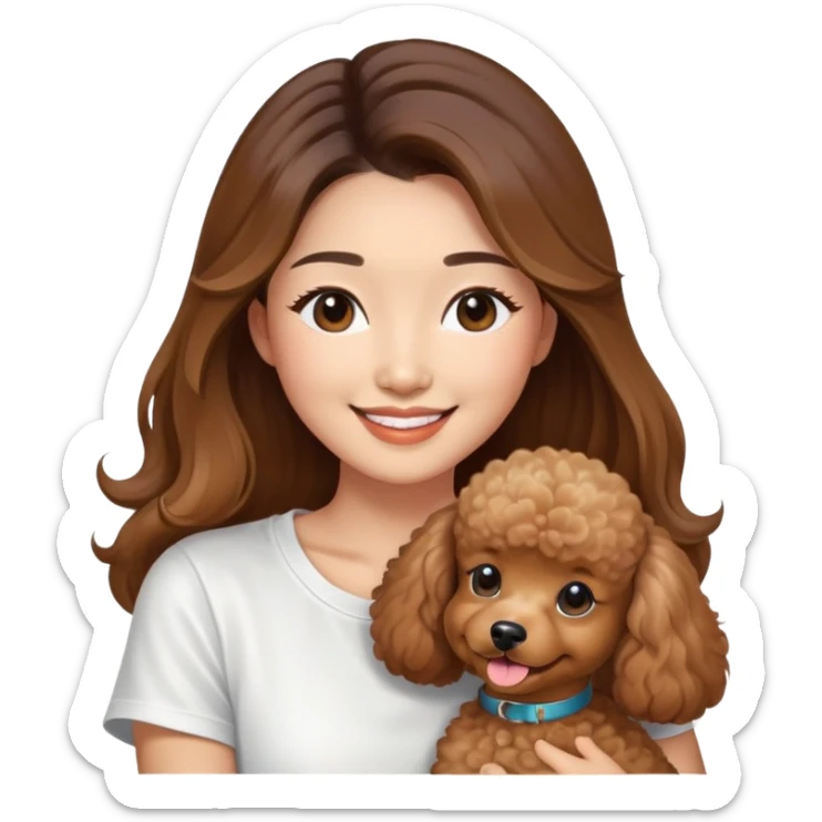 an asian lady with long balayage hair with highlights, long lashes, wearing white t-shirt, smiling happily, and holding a brown poodle sticker