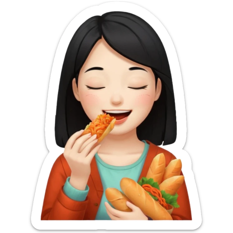 Girl black long hair eat kimchi close eyes baguette sticker