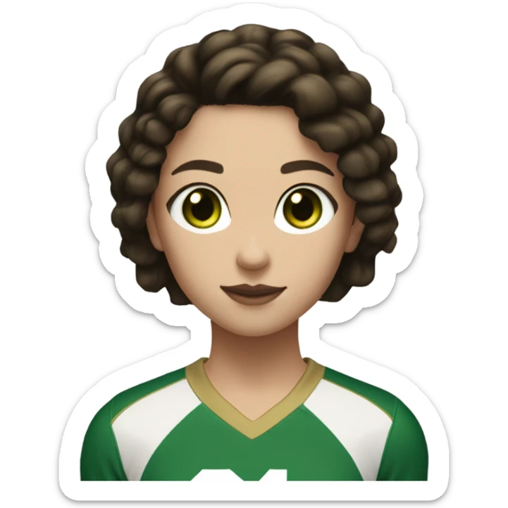 Brunette hair girl with white skin a black and gold volleyball jersey with the number 25 and green eyes sticker