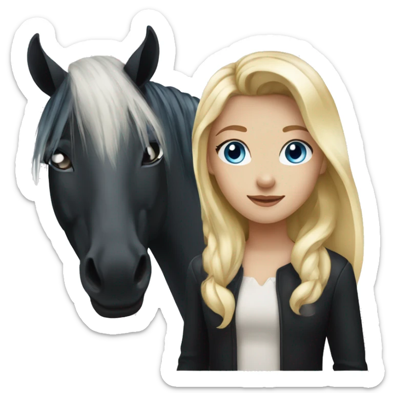 blonde girl with blue eyes and a black horse with white diamond and black mane sticker