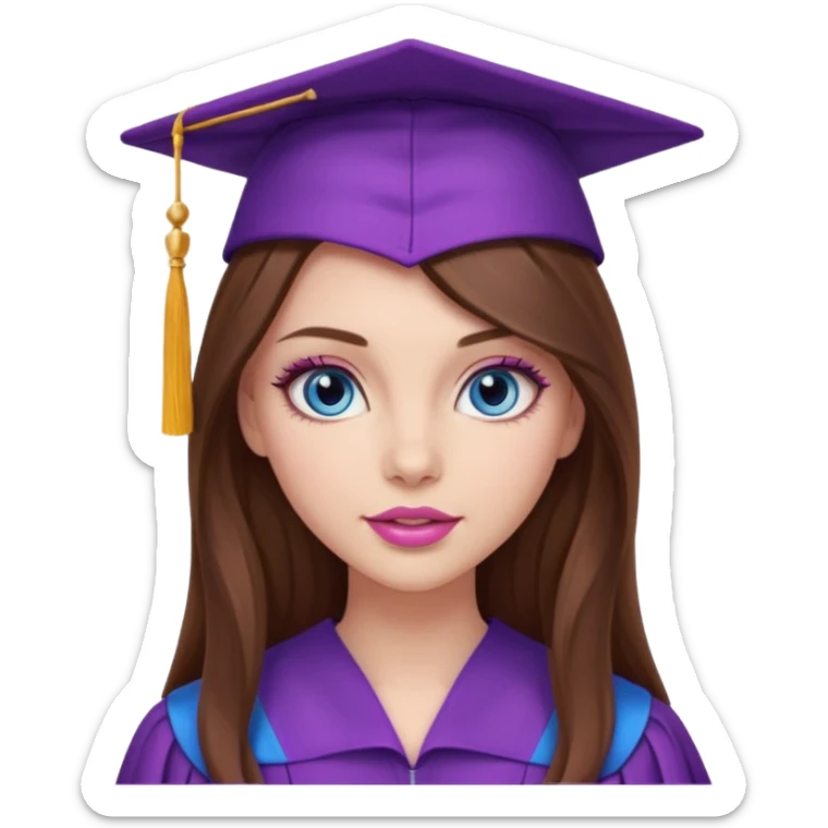 stunning girl with gorgeous long brown hair, blue eyes, long lashes makeup, sexy pink lips, wearing a purple graduation cap and gown sticker