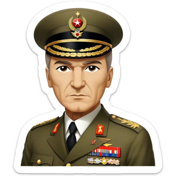 Cinematic Realistic Mustafa Kemal Atatürk Portrait Emoji, depicted as a visionary statesman with a determined gaze and period military attire, rendered with rich textures and dynamic historical lighting that captures his transformative leadership. sticker