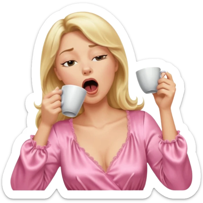 A blonde woman in a pink nightgown yawns, looking sleepy with dark circles under her eyes, drinking coffee, looking like she just woke up. sticker