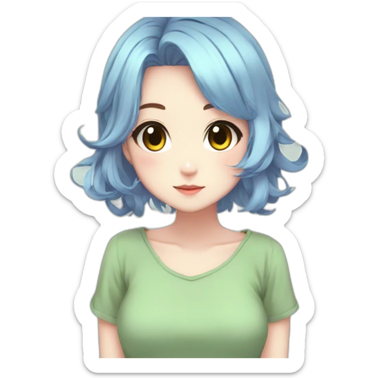 Anime girl brown eyes-pastel blue hair-green mini dress sticker