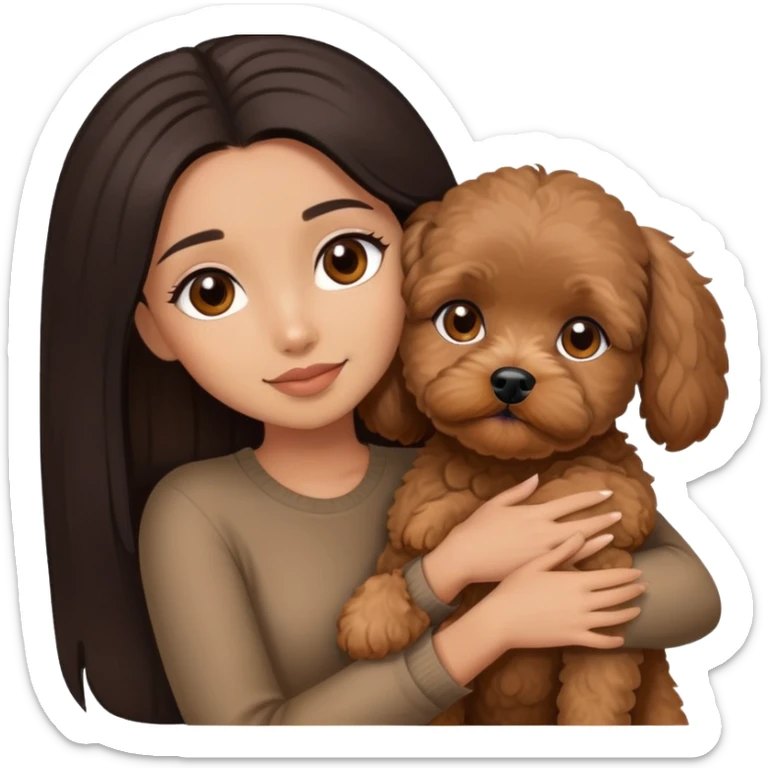 beautiful woman with dark long straight hair and brown eyes hugs a brown maltipoo  sticker