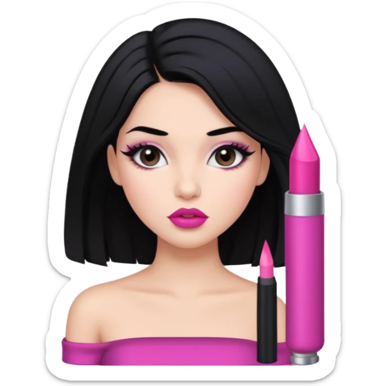 a girl with black hair who just got a blowout and her makeup is on point and she’s wearing a dark lip liner pink lipstick lip combo and wearing a black tube top sticker