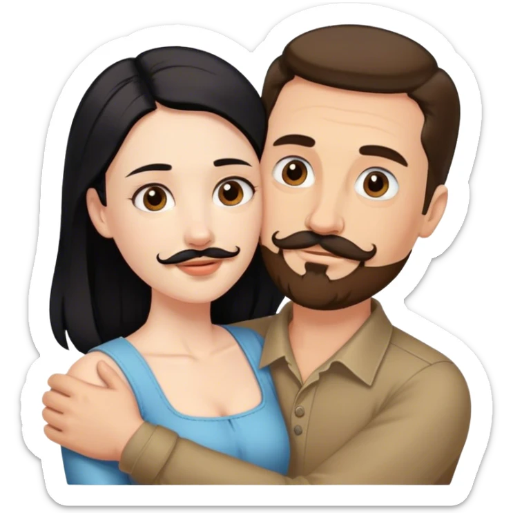 Tall white man with brown mustache goatee AND a short pale woman with long black hair, hugging sticker