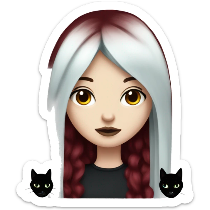 Pale girl with black eyeshadow and long burgundy red colored hair with an emo haircut and layered holding a black cat sticker