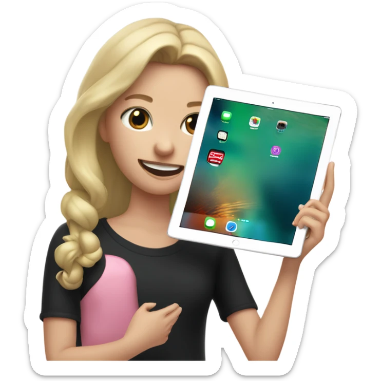 Apple grey ipad in girls hands (blond Girl whole height pinky lips greenish eyes wearing black top) sticker