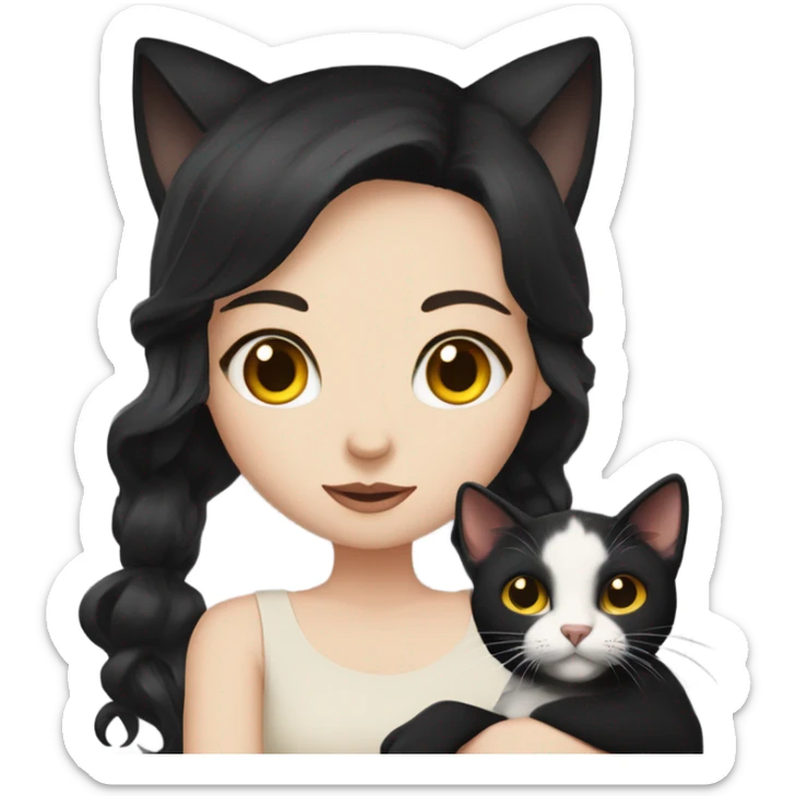 A girl with white skin, mid long auburn and black hair, holding a black cat with yellow eyes sticker