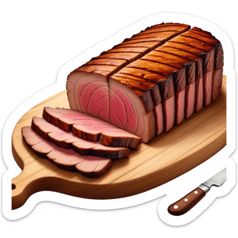 Cinematic smoked brisket, deep mahogany crust, perfectly sliced to reveal juicy marbled meat, warm smoky aroma, served on a wooden board, rich and flavorful, ultra-detailed and appetizing. sticker