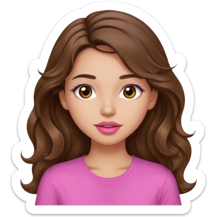 girl with long wavy brown hair, brown eyes, light to medium complexion, in a pink shirt, pink lips, long lashes,kissing sticker