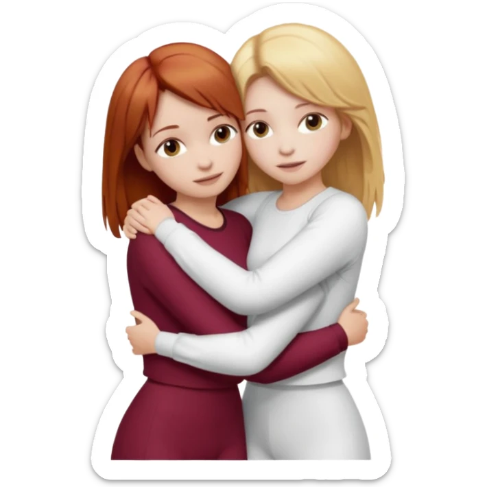 two girls who hug eachother. one has auburn hair with blonde highlights and very pale skin, other has medium-fair skin and blonde hair. first one is wearing white outfit and the second one is wearing a burgundy outfit sticker