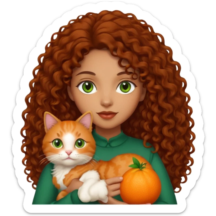 Woman light brown skin long dark curly hair, green eyes, with a cat sticker