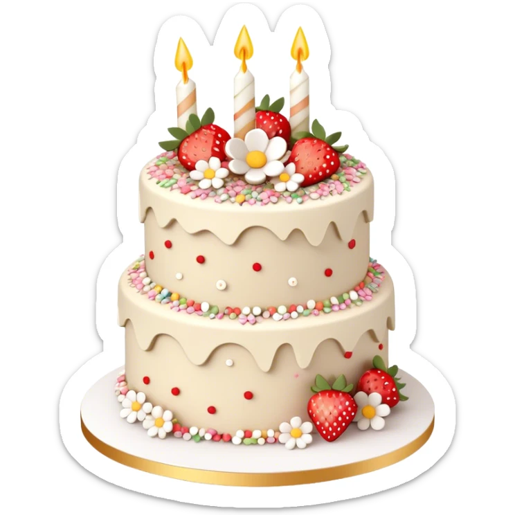 Layered aesthetic beige and white birthday cake with buttercream frosting flowers and sprinkles and strawberries, 3D sticker