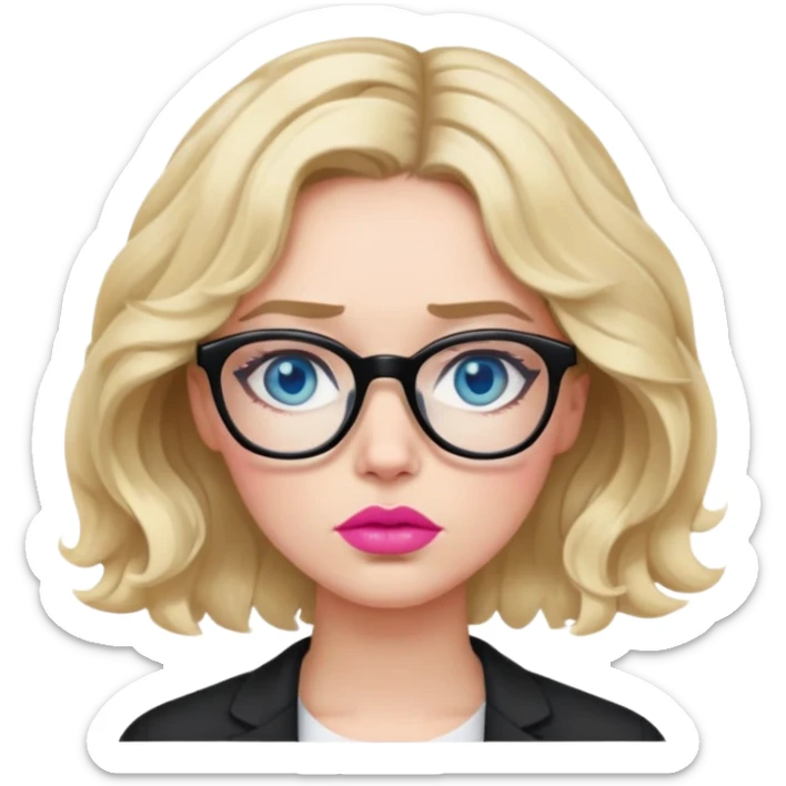 Blonde woman with short wavy hair, blue eyes and pink lips wearing black glasses looking really tired.   sticker
