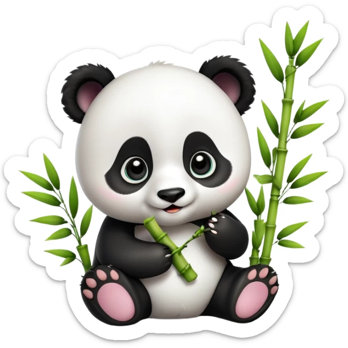 A 3D baby panda sitting and happily eating bamboo, big shiny eyes, cute and cartoonish style, soft lighting, high quality sticker