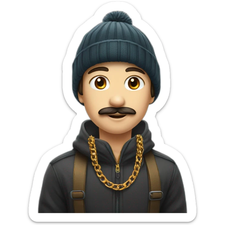 A boy with moustache and wearing golden chain in neck and a winter cap potrait  sticker