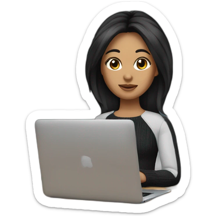 memoji of a female with a laptop in front, apple-style modern, black hair, black sweater, computer in hand --ar1:1 sticker