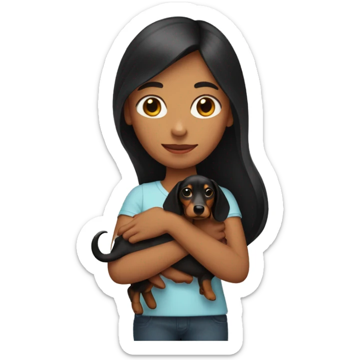 a girl with long dark hair and a dachshund in her hands sticker