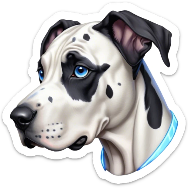 Cinematic Noble Harlequin Great Dane Portrait Emoji, Poised and regal, with a towering, muscular build and a striking coat of predominantly white with bold black patches, deep-set soulful blue eyes, Simplified yet sharp and sophisticated features, highly detailed, glowing with a soft, dignified glow, high shine, intelligent and loyal, stylized with an air of majesty, focused and attentive, soft glowing outline, capturing the essence of a watchful and confident guardian, so majestic it feels as though it could stride out of the screen with effortless authority! sticker