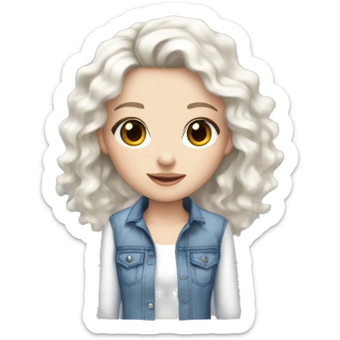 Pretty girl with black curly hair pale skin blue eyes and flared jeans and a white top  sticker